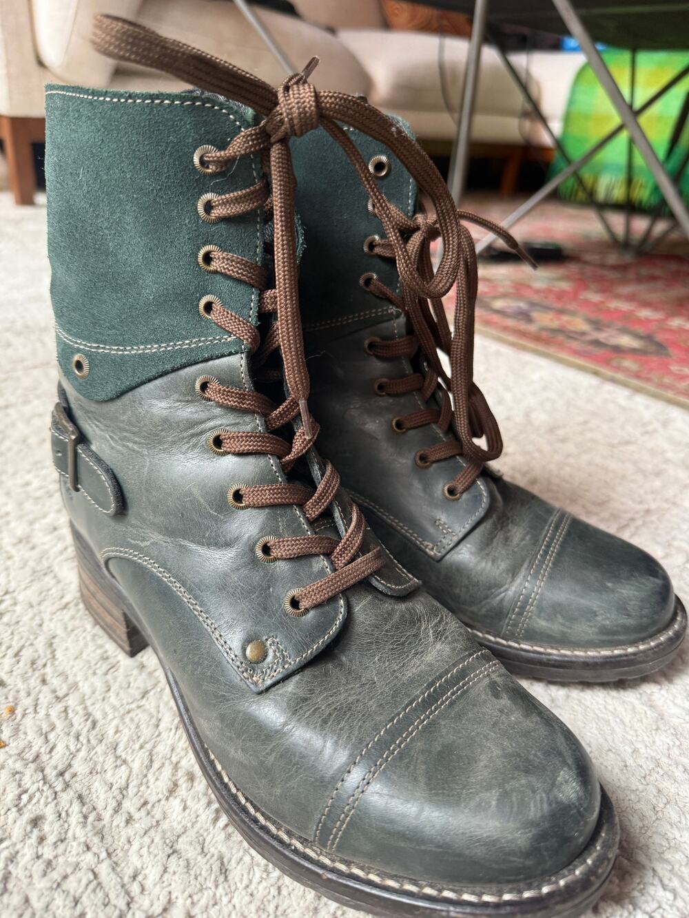 Taos Crave Teal Green Leather & Suede Lace Up Combat Boots EU 40